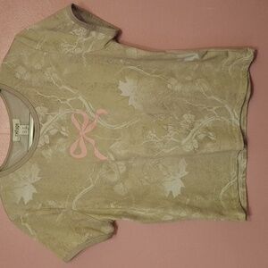 Refuge Beige Camouflage Crop Top with Pink Bow